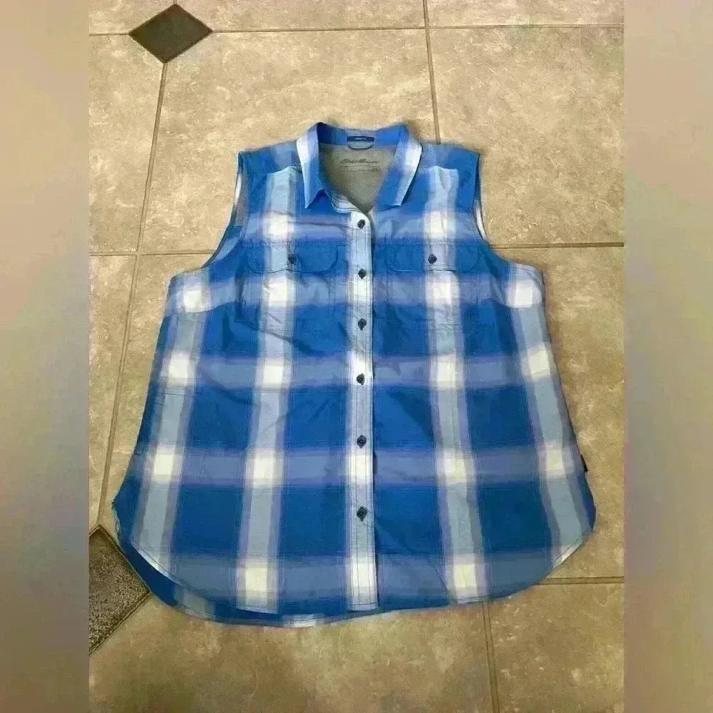 Eddie Bauer Women’s Blue Plaid Sleeveless Shirt Size Large